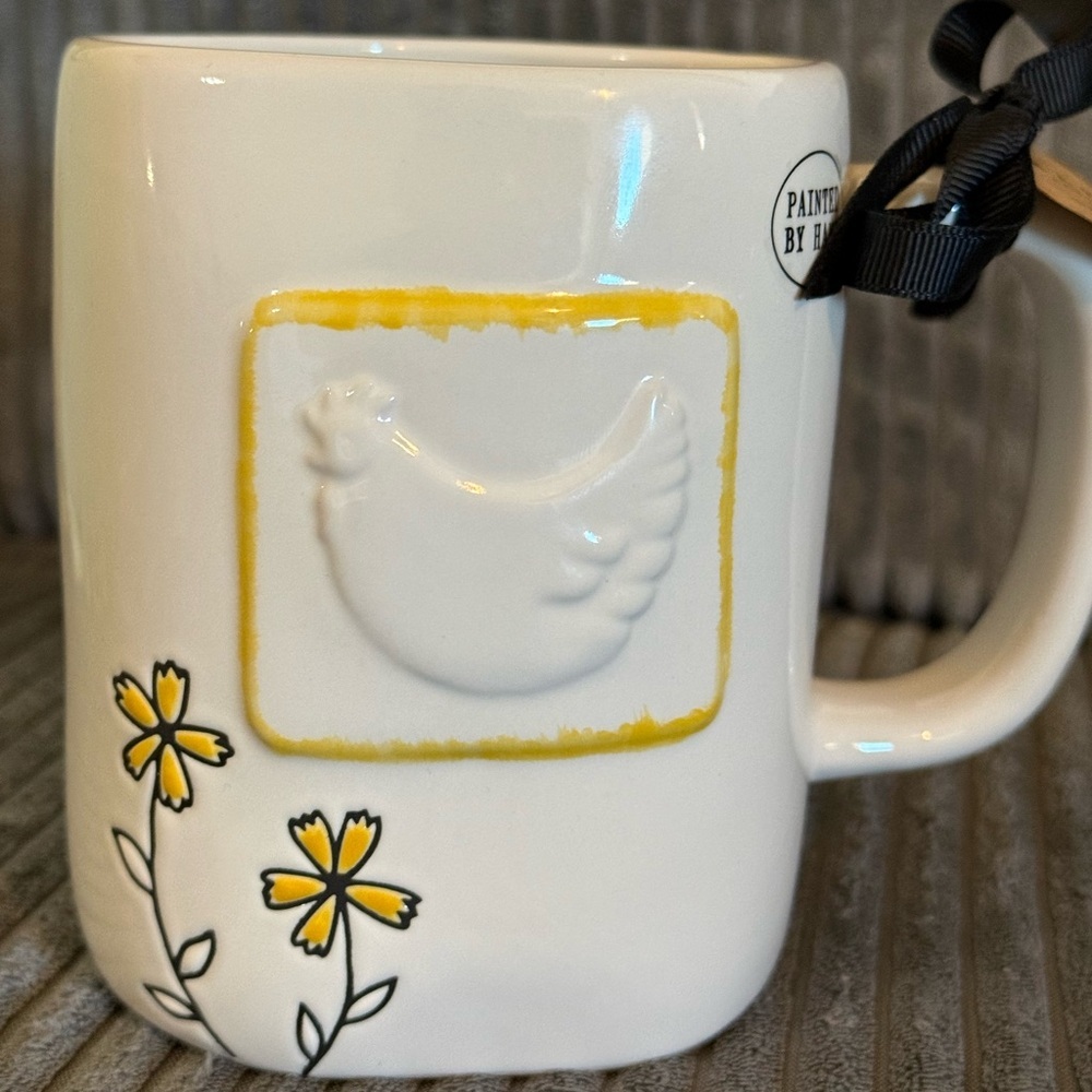 Rae Dunn White Mug with Yellow Floral & Chicken Design- FARM GIRL- New